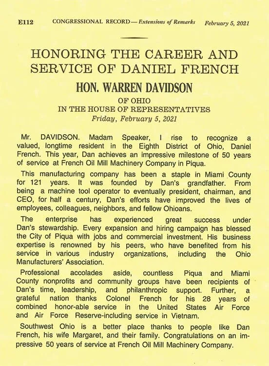Congressional Record Honoring Dan French