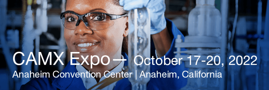 CAMX Expo With Info and Smiling Worker in Background