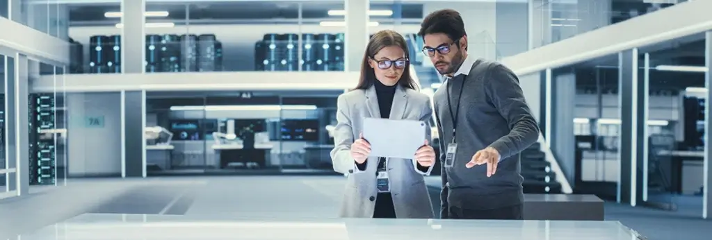 workers for a hydraulic press manufacturer discussing a paper