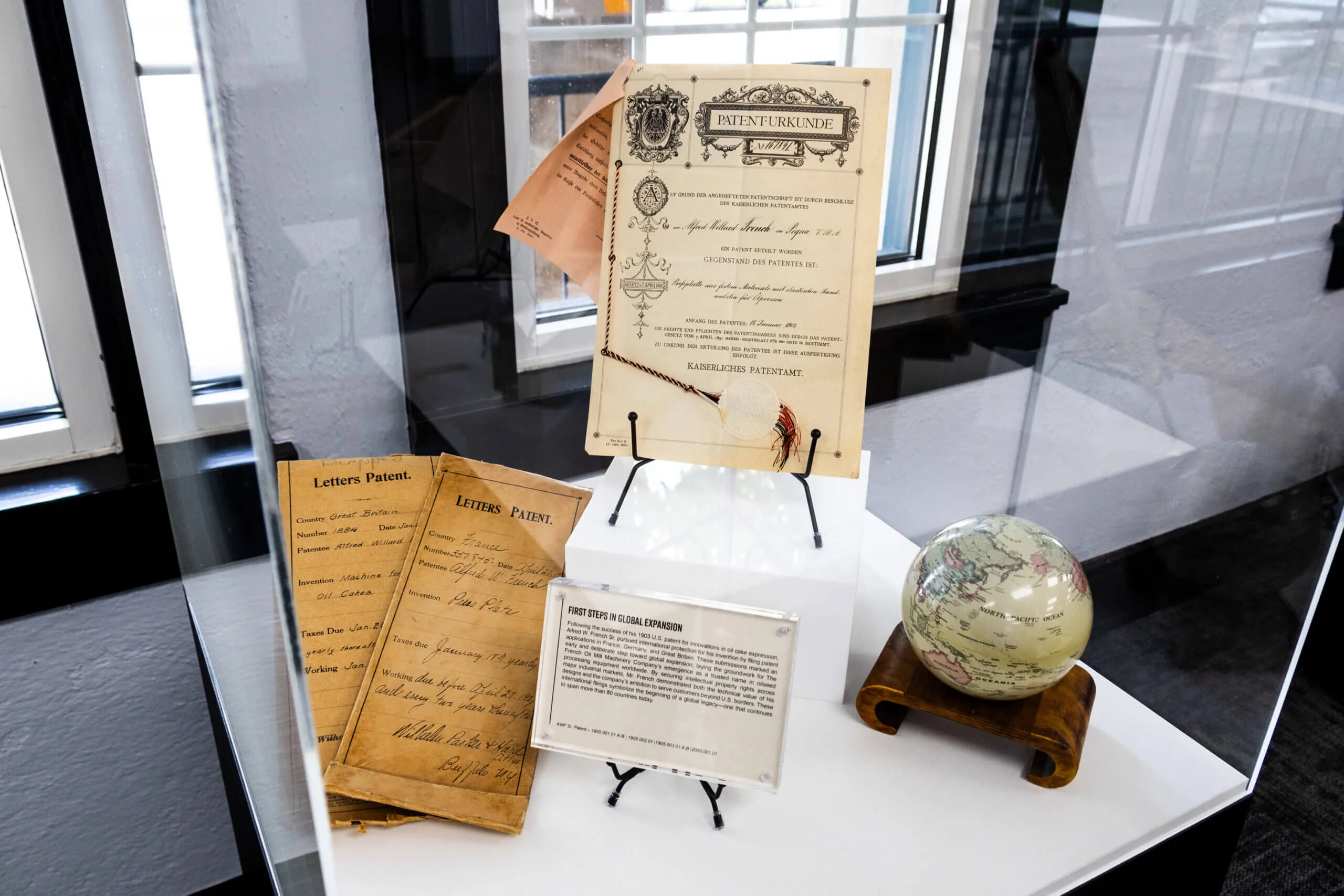 1900s international patent Early 1900s international patent documents from France, Germany, and Great Britain filed by Alfred W. French Sr., in The French Museum.
