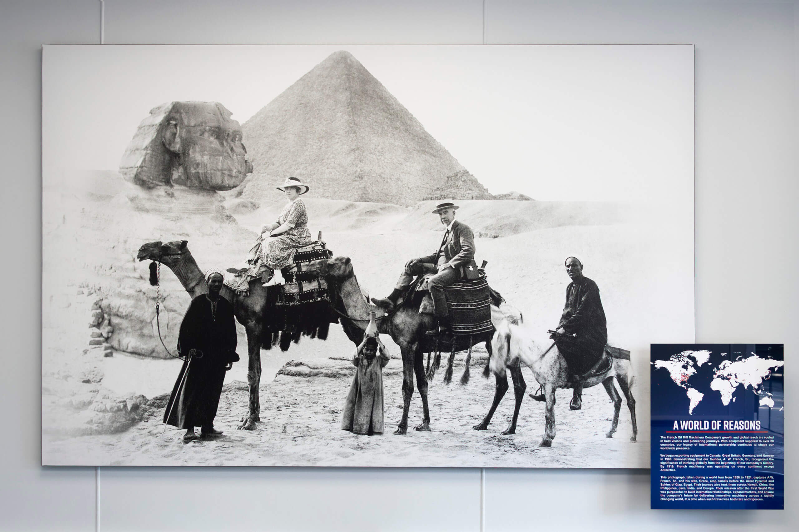 french_alfred_grace_giza Alfred W. French Sr. and Grace Albers French on camels before the Great Pyramid and Sphinx of Giza, 1920 or 1921, in The French Museum.