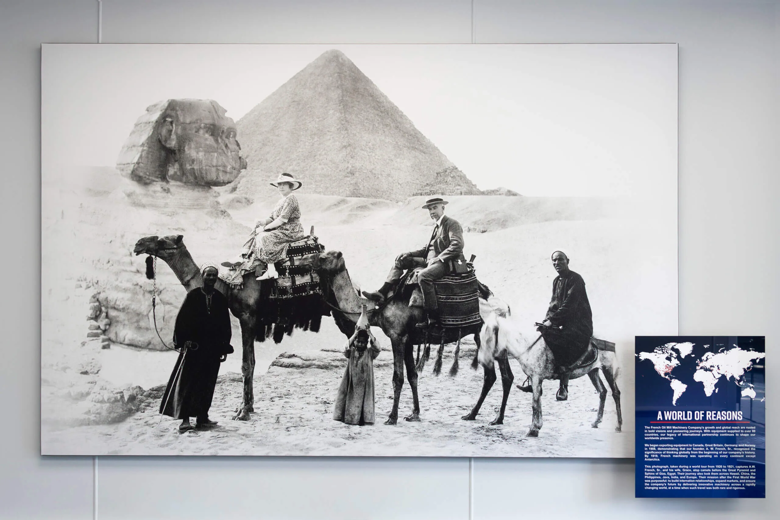 french_alfred_grace_giza Alfred W. French Sr. and Grace Albers French on camels before the Great Pyramid and Sphinx of Giza, 1920 or 1921, in The French Museum.