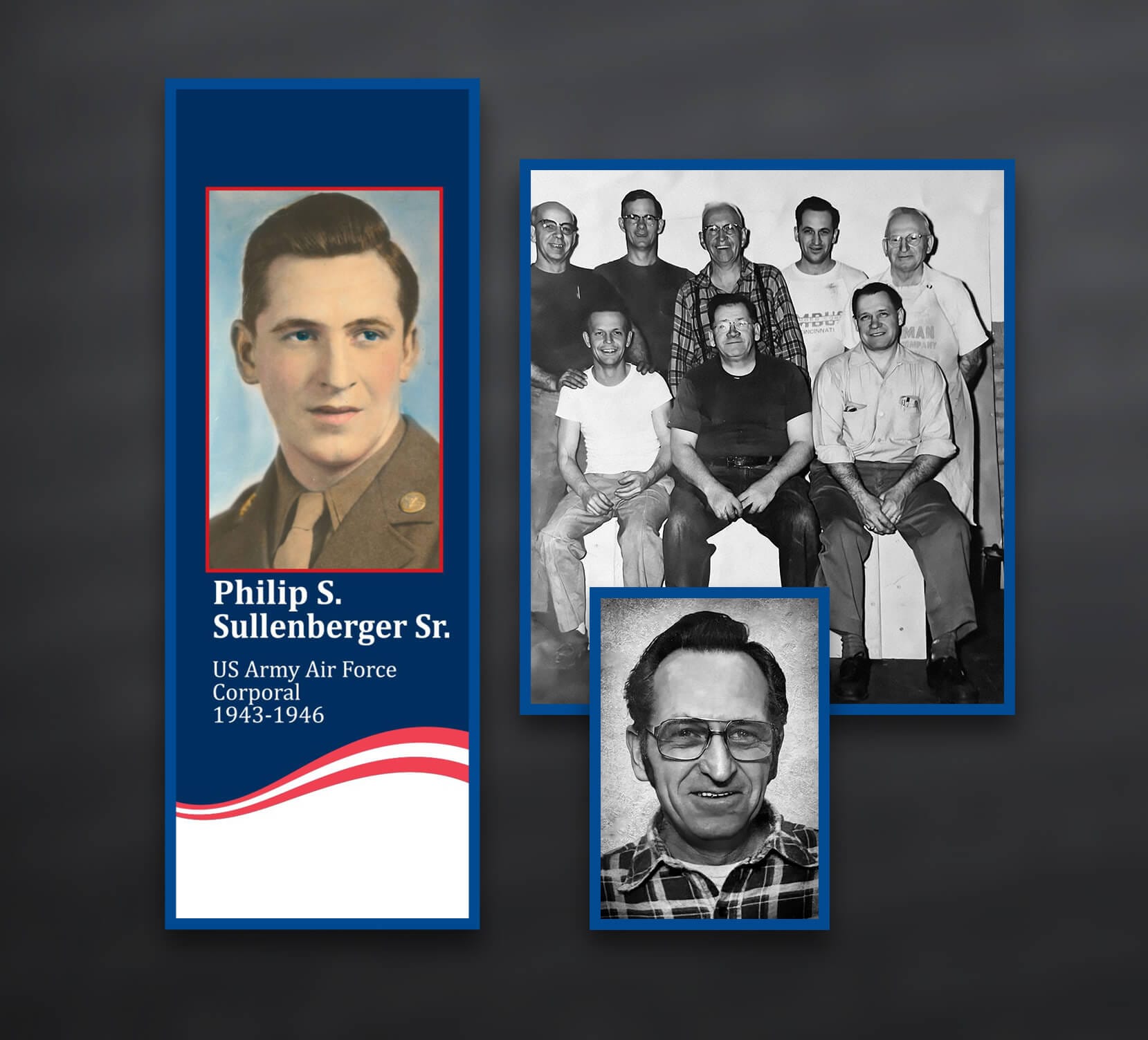 Phillip-S-Sullenberger Photograph collage panel including Frank and Philip Sullenberger, French Oil patternmakers and veterans, in The French Museum.