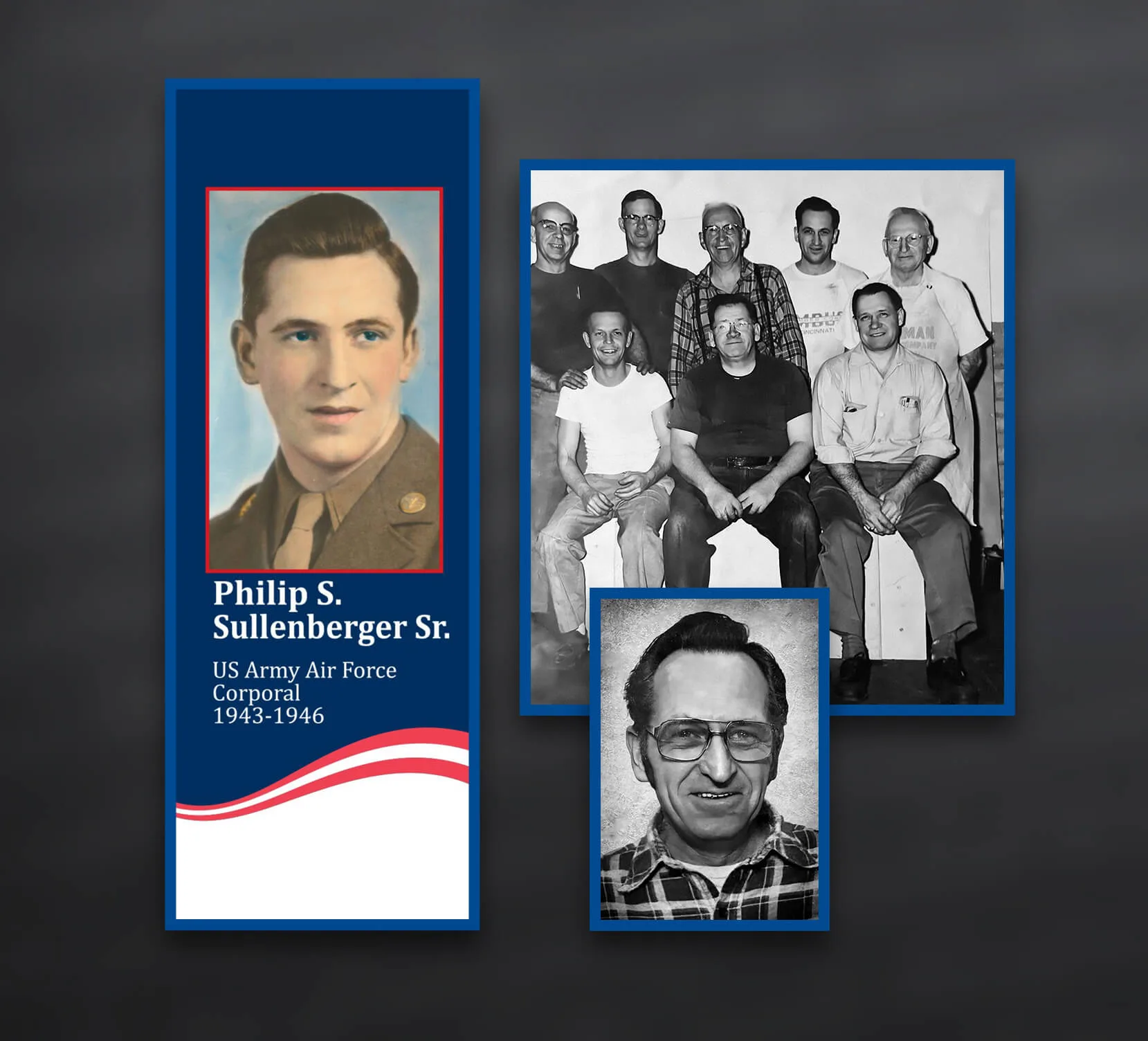 Phillip-S-Sullenberger Photograph collage panel including Frank and Philip Sullenberger, French Oil patternmakers and veterans, in The French Museum.